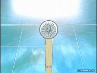 Cute little Anime cat girl with Gorgeous titties plays with a vibrator in the shower and sucks Big Cock