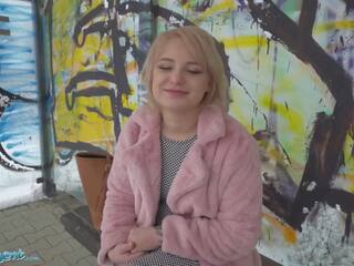 Public Agent amatuer teen with short blonde hair chatted up at busstop and taken to basement to get fucked by big dick