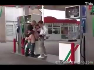 Public public sex threesome with a pregnant woman at a gas