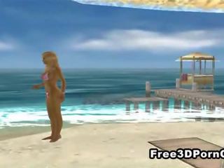 Chaud 3d dessin animé blond masturbation sur la plage