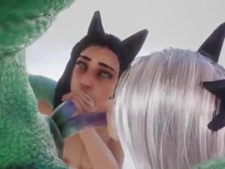 Lizardman inseminates deux chat filles &vert; grand double bite monstre &vert; 3d porno sauvage vie