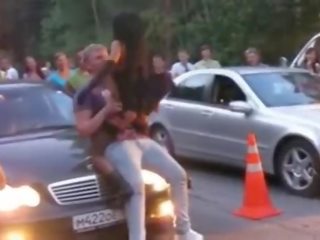 Hot Brunette Stripping On This Guy's Car