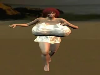 Bigtit 3d perempuan berjalan pada yang pantai